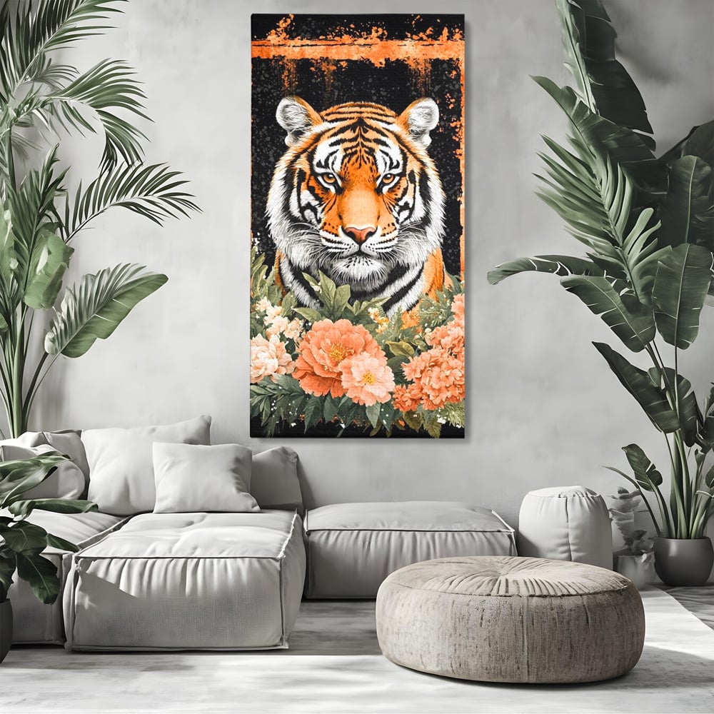 Tablou canvas cu tablou canvas cu tigru si flori, fara rama, pe sasiu de lemn, pe perete intr-un living